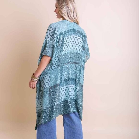 NEW! Boho Print Kimono Teal Blue Patchwork One Size Hippie Beach Cover Up - Picture 2 of 2